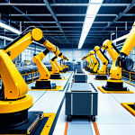 로봇공학과 AI - **AI-powered factory:** Industrial robots working efficiently on an assembly line, performing repeti...