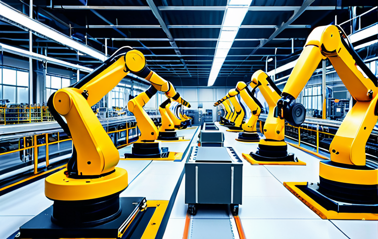 로봇공학과 AI - **AI-powered factory:** Industrial robots working efficiently on an assembly line, performing repeti...