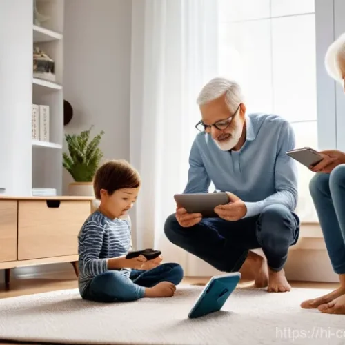 AI 기반 스마트홈 자동화 - **Prompt:** A modern, cozy living room filled with natural light, showcasing a multi-generational fa...