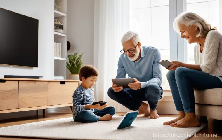 AI 기반 스마트홈 자동화 - **Prompt:** A modern, cozy living room filled with natural light, showcasing a multi-generational fa...