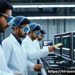 스마트팩토리와 AI 자동화 - A modern industrial factory interior showcasing advanced AI-powered machine learning systems optimiz...