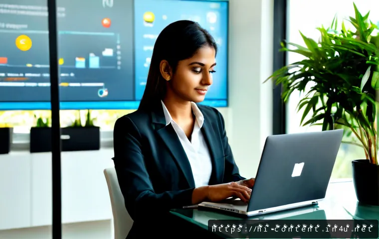 AI 기반 자동화 마케팅 - Photorealistic modern marketing workspace in India, a focused Indian businesswoman using a laptop wi...